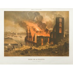 Gravure de 1873 - Docks de la Villette en flamme - 1