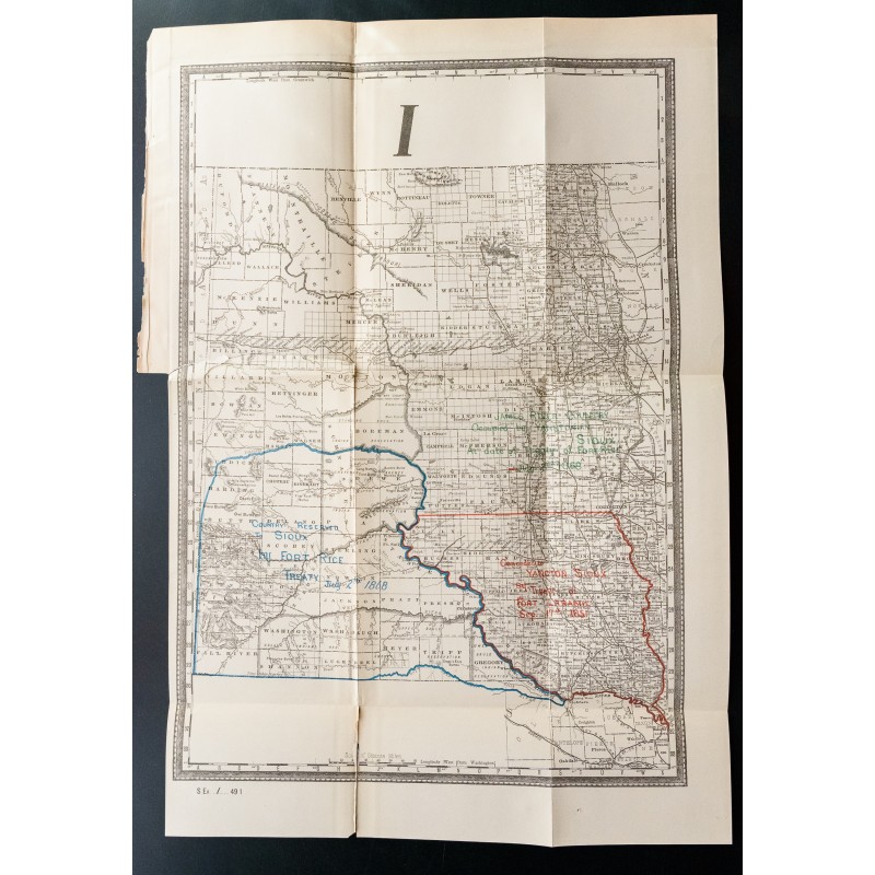 Gravure de 1885 - Carte des réserves indiennes du Dakota - 1