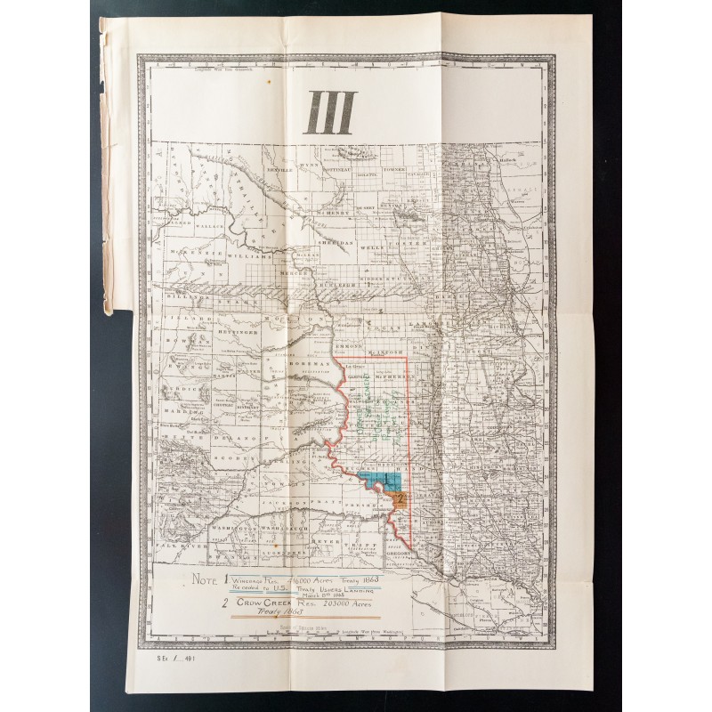 Gravure de 1885 - Carte des réserves indiennes du Dakota - 1