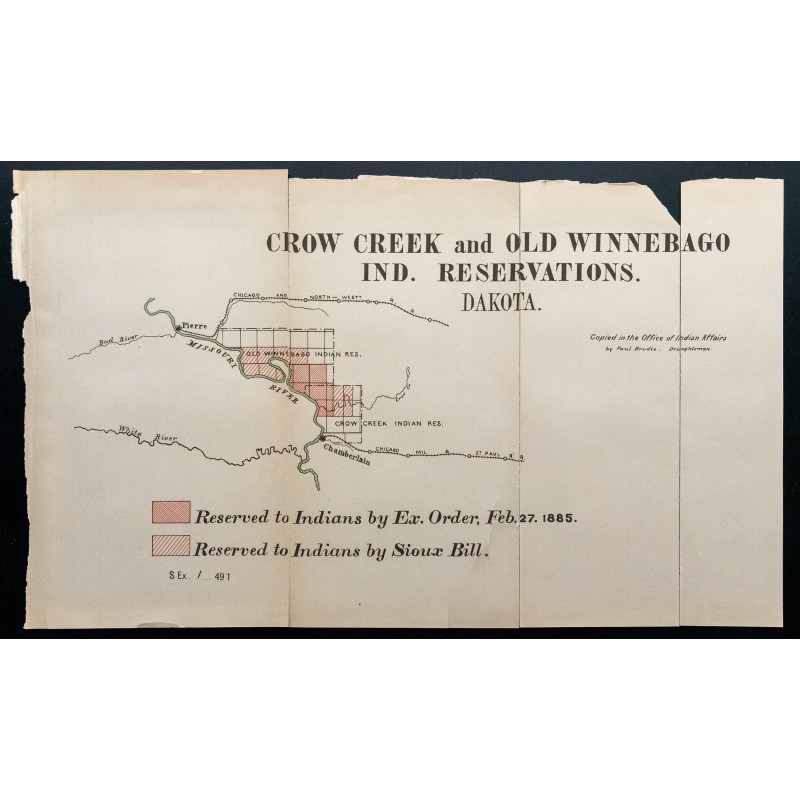 Gravure de 1885 - Carte de réserves indiennes dans le Dakota - 1