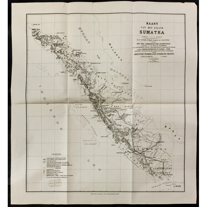 Gravure de 1891 - Sumatra - Grande carte de l'île - 1