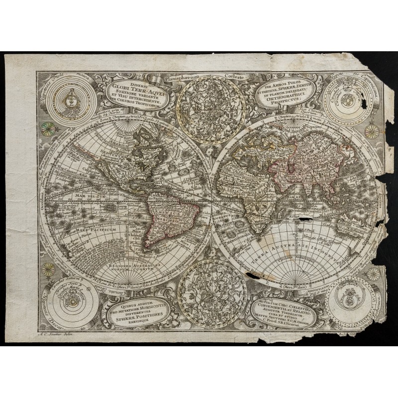 Gravure de 1730 - Mappemonde ancienne de Seutter Matthaeus - 1
