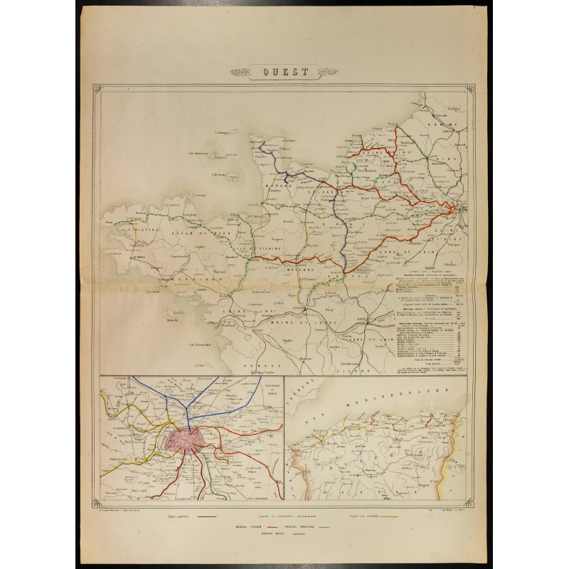Gravure de 1862 - Ouest de la France - Carte des chemins de Fer - 1