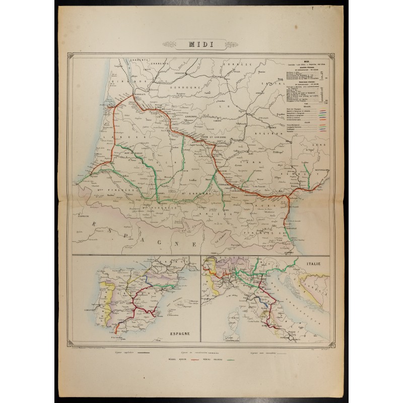 Gravure de 1862 - Midi de la France - Carte des chemins de Fer - 1
