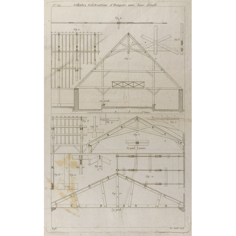 Gravure de 1805 - Constructions d'hangars avec leurs détails - 1