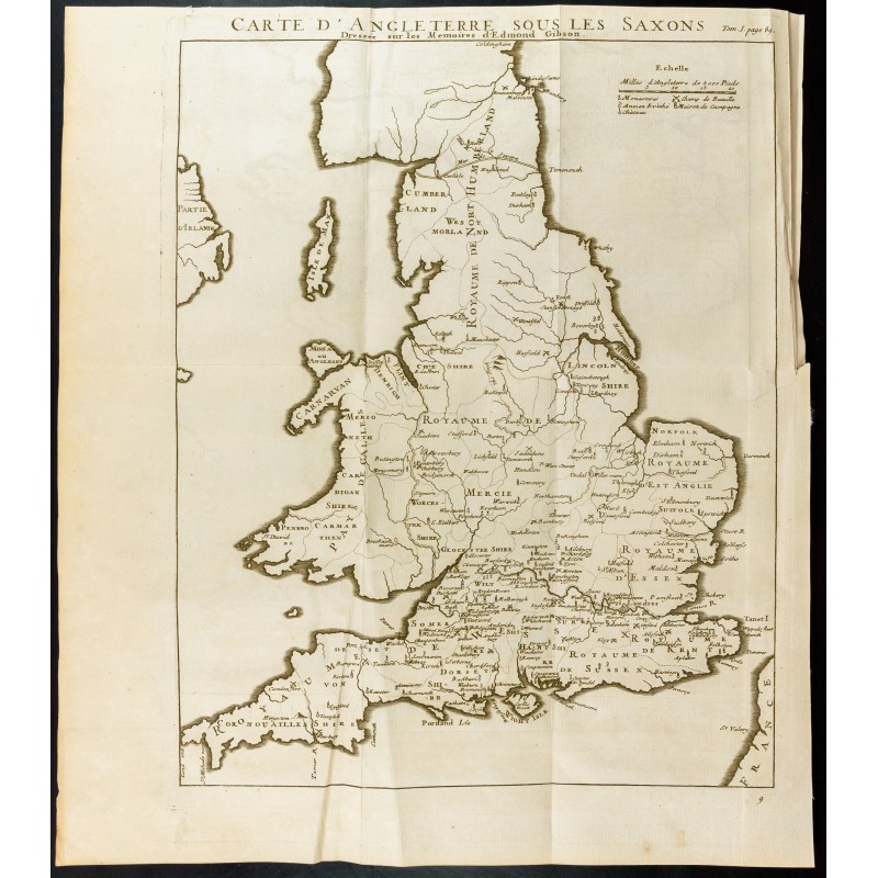 Gravure de 1749 - Carte d'Angleterre sous les Saxons - 1