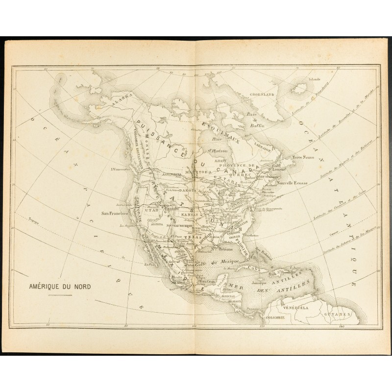 Gravure de 1892 - Carte de l'Amérique du Nord - 1