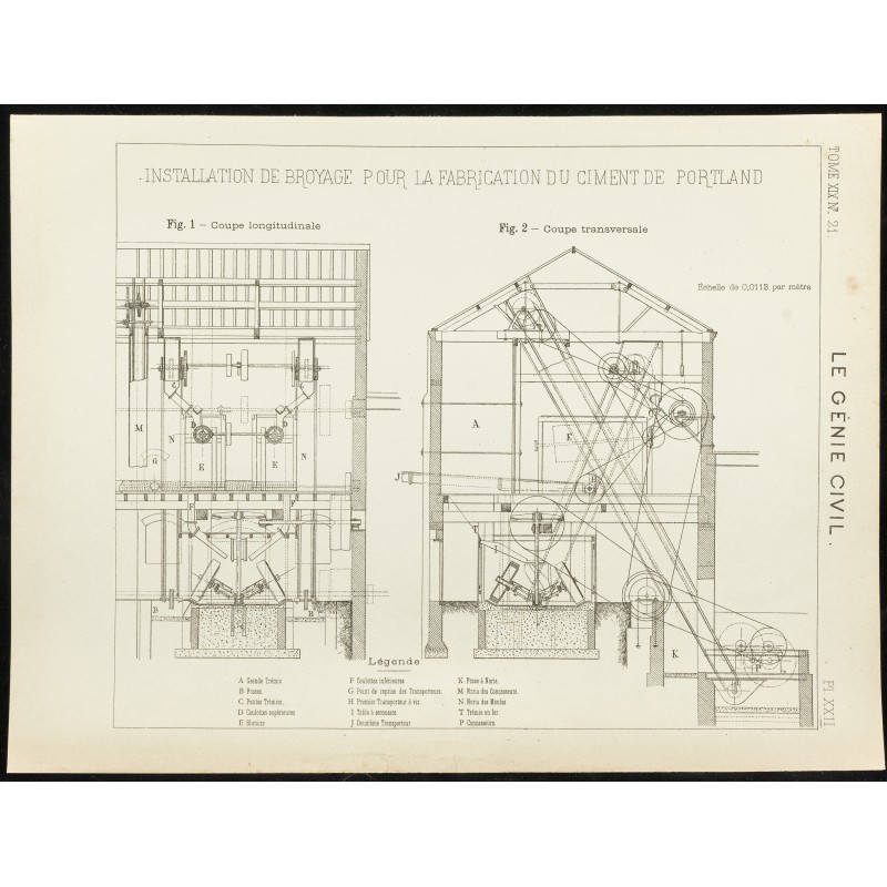 Gravure de 1891 - Plan ancien d'une installation de broyage - 1