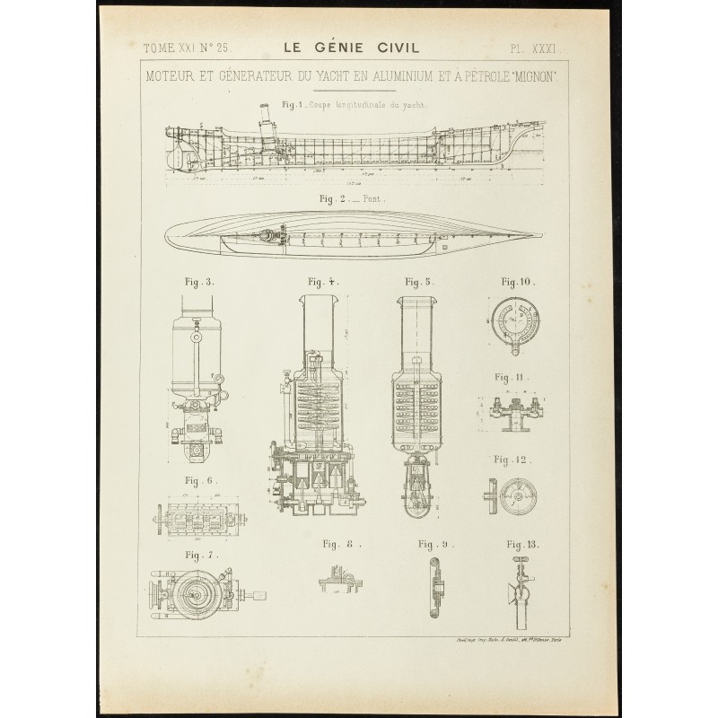Gravure de 1892 - Plan ancien du moteur Mignon pour les Yachts - 1
