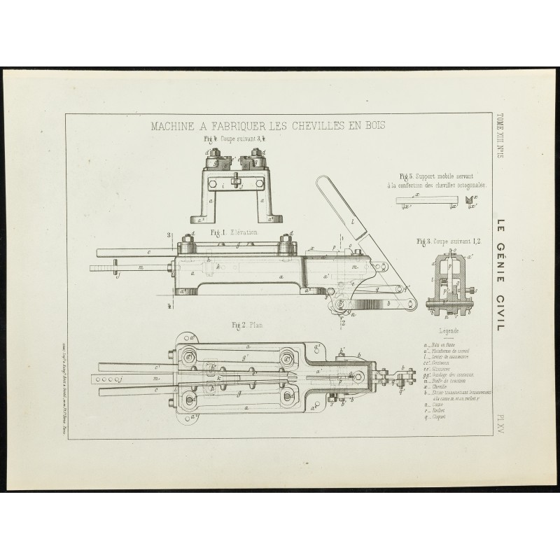 Gravure de 1888 - Machine à fabriquer les chevilles en bois - 1