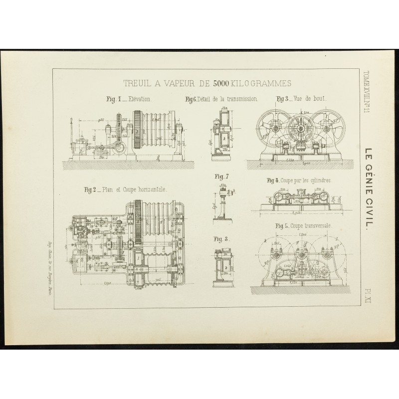 Gravure de 1891 - Plan ancien d'un treuil à vapeur - 1