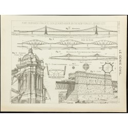 Gravure de 1891 - Plan d'un projet de pont suspendu à New-York - 1