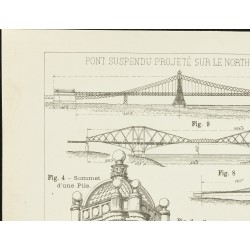 Gravure de 1891 - Plan d'un projet de pont suspendu à New-York - 2
