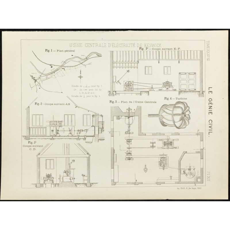 Gravure de 1891 - Plan de l'usine centrale d'électricité de Keswick - 1