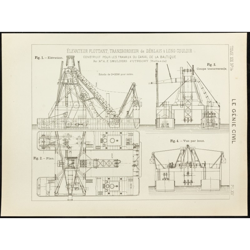 Gravure de 1891 - Plan ancien d'un élévateur flottant - 1