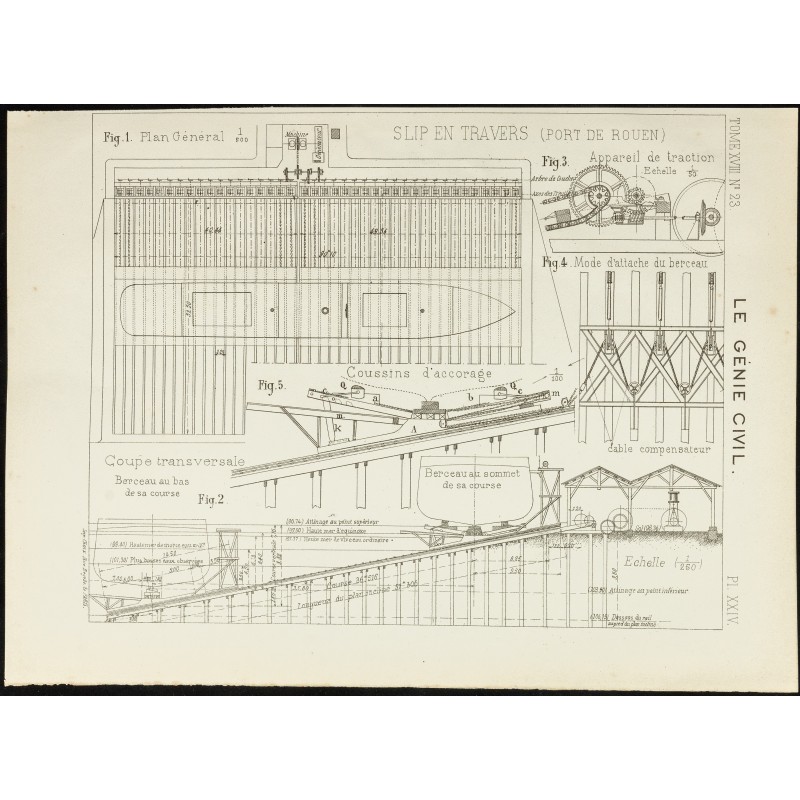 Gravure de 1891 - Plan ancien d'une cale en travers sur le port de Rouen - 1