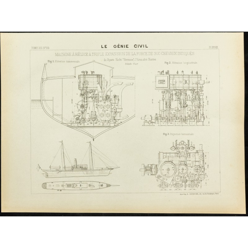 Gravure de 1892 - Plan ancien d'une machine à hélice - 1