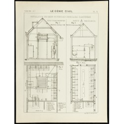 Gravure de 1892 - Installations des bains-douches aux usines à gaz d'Amsterdam - 1