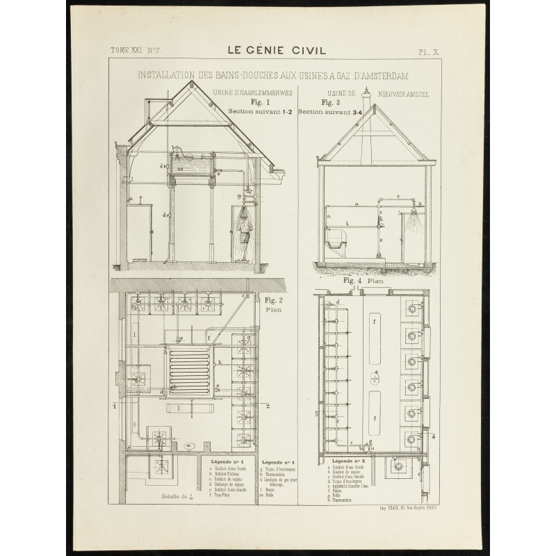 Gravure de 1892 - Installations des bains-douches aux usines à gaz d'Amsterdam - 1