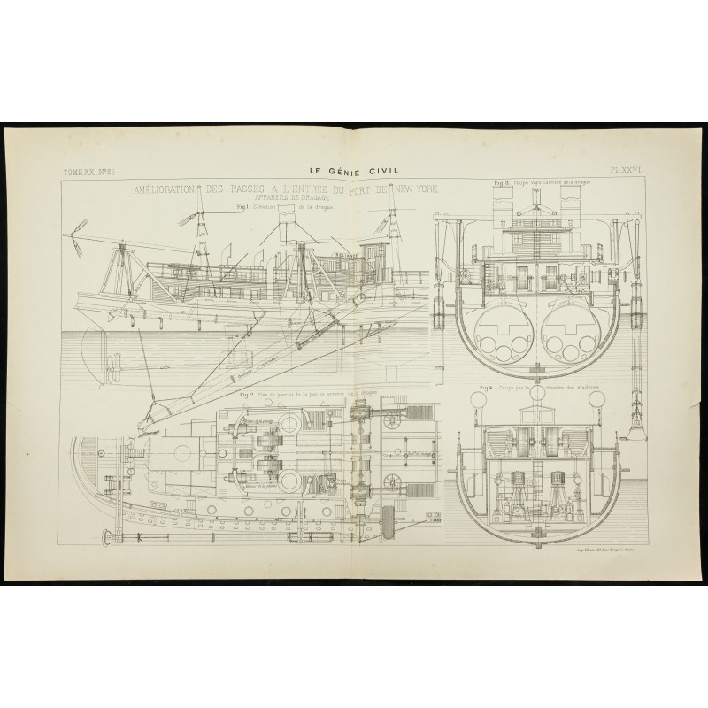 Gravure de 1892 - Drague du port de New-York - 1