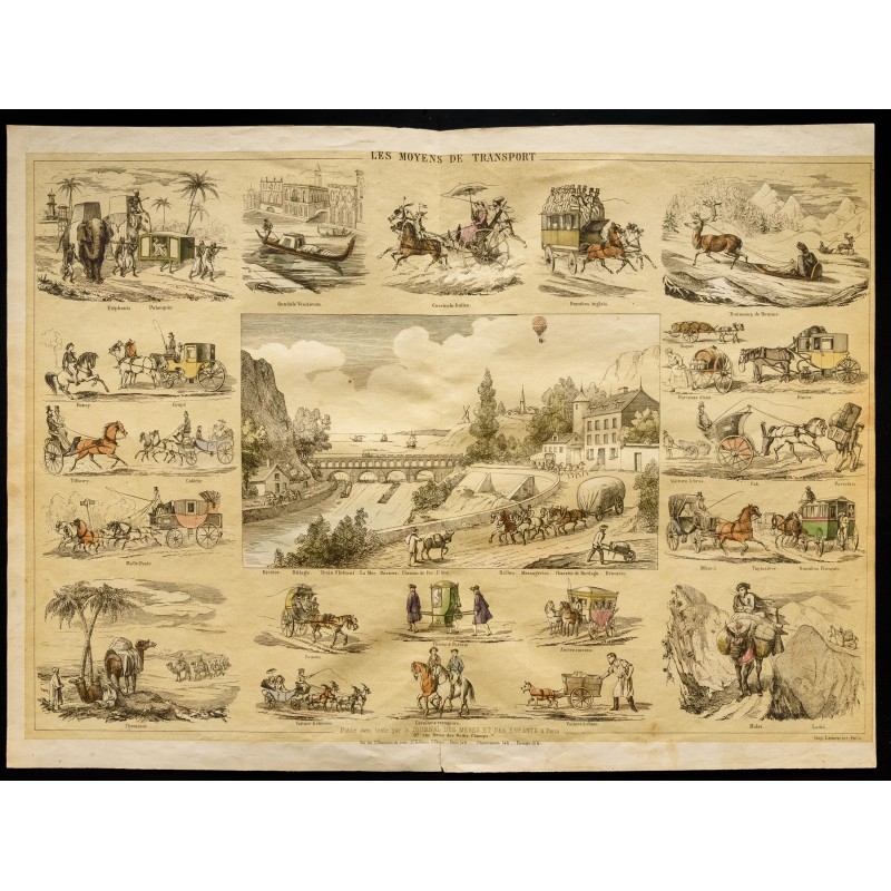 Gravure de 1853 - Les moyens de transport (Lithographie) - 1