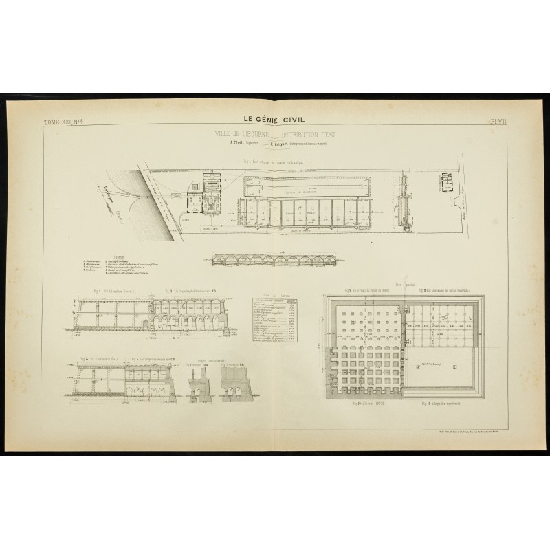 Gravure de 1892 - Plan ancien sur la distribution d'eau de Libourne - 1