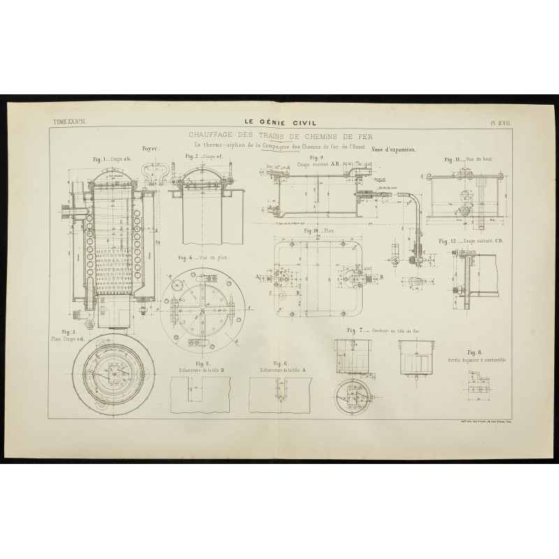 Gravure de 1892 - Thermo-siphon pour le chauffage des trains - 1