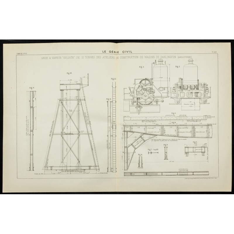 Gravure de 1888 - Plan ancien d'une grue de 12 tonnes - 1