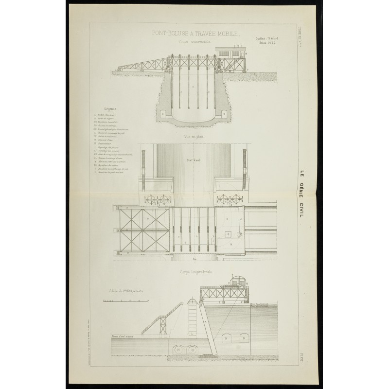 Gravure de 1888 - Plan ancien d'un pont écluse - 1