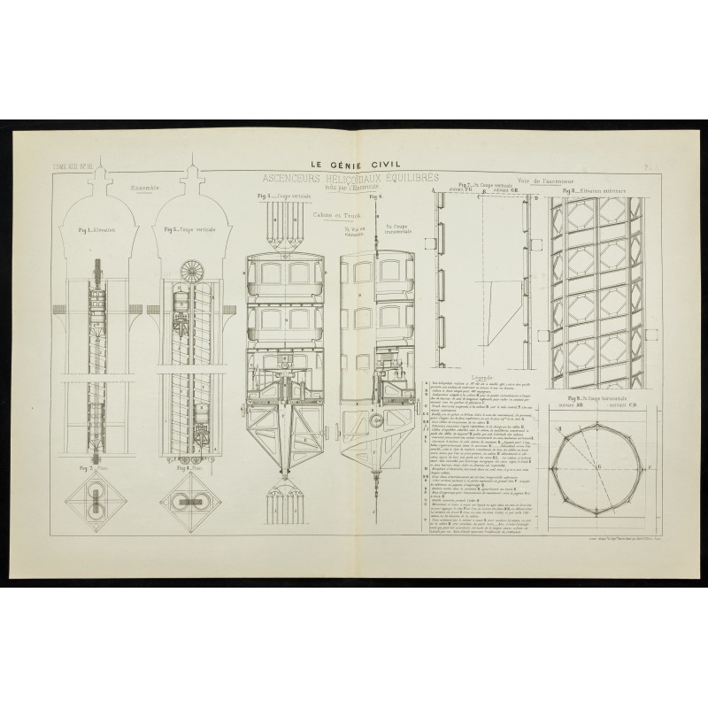 Gravure de 1888 - Plan ancien d'Ascenseurs hélicoïdaux - 1