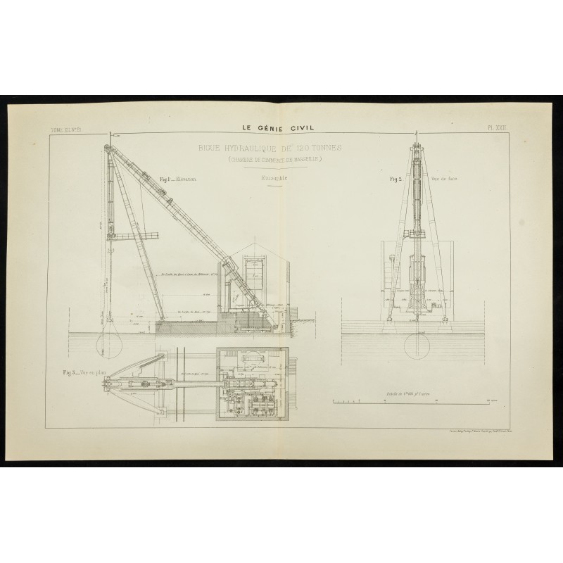 Gravure de 1888 - Plan ancien d'une grue - 1