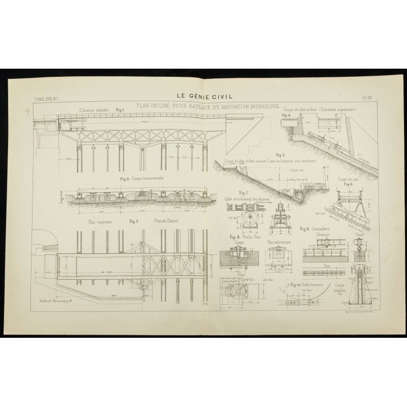 Gravure de 1890 - Plan incliné pour bateaux de navigation intérieure - 1