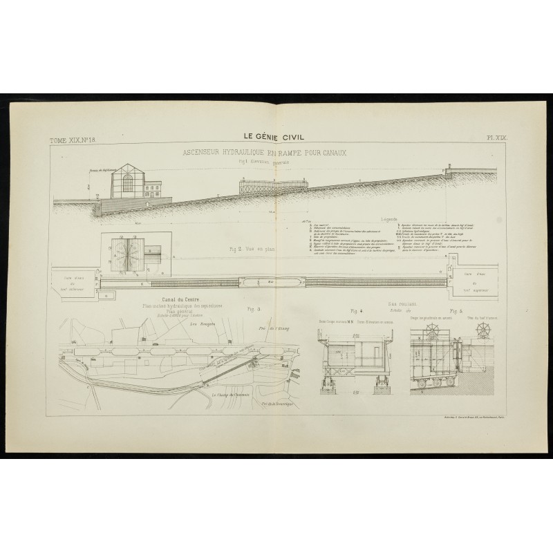Gravure de 1891 - Ascenseur hydraulique en rampe pour canaux - 1