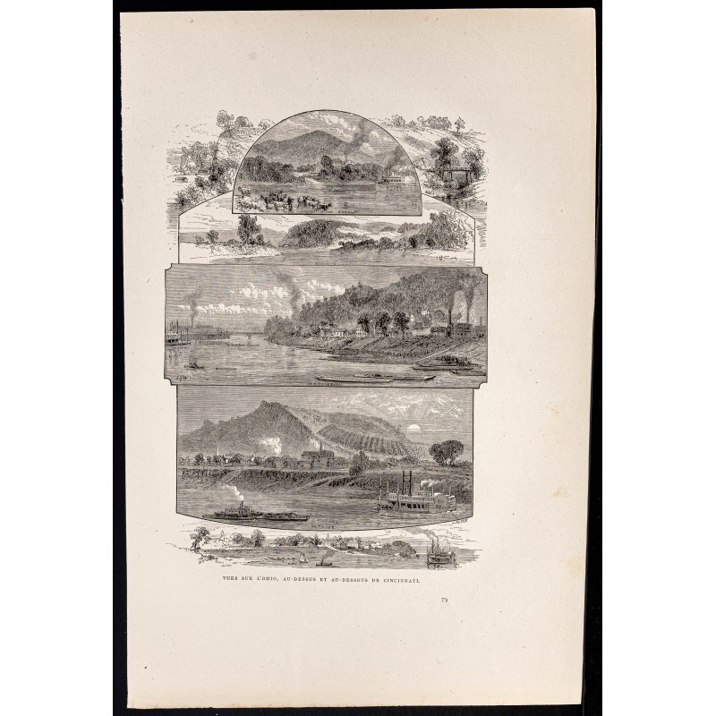 Gravure de 1880 - Rivière Ohio vers Cincinnati - 1