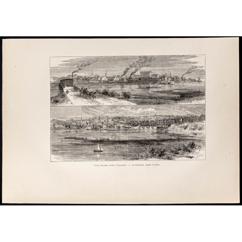 Gravure de 1880 - Rock Island et Davenport - 1
