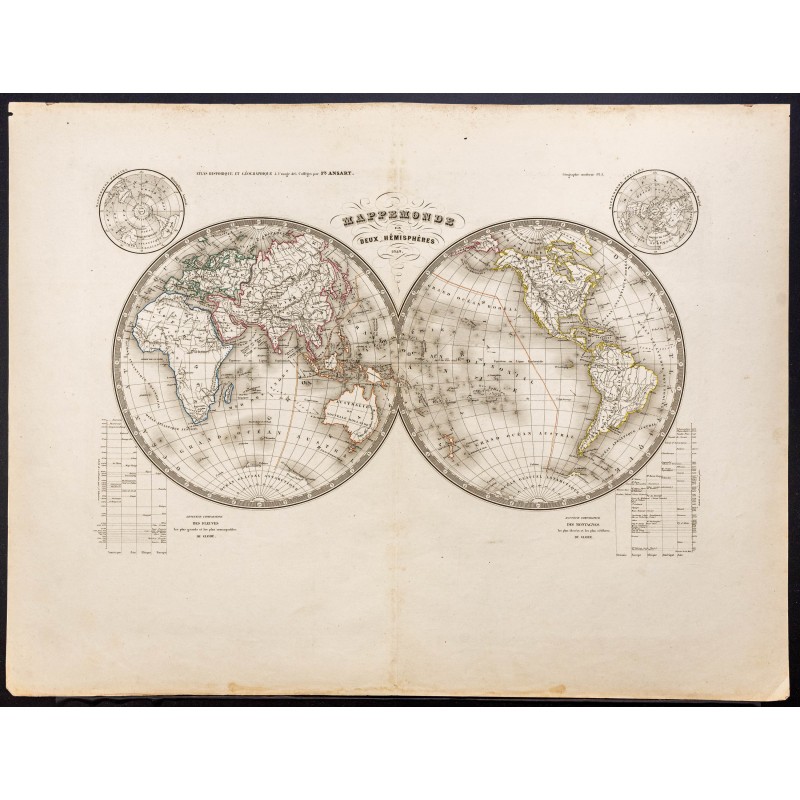 Gravure de 1843 - Mappemonde en deux hémisphères - 1