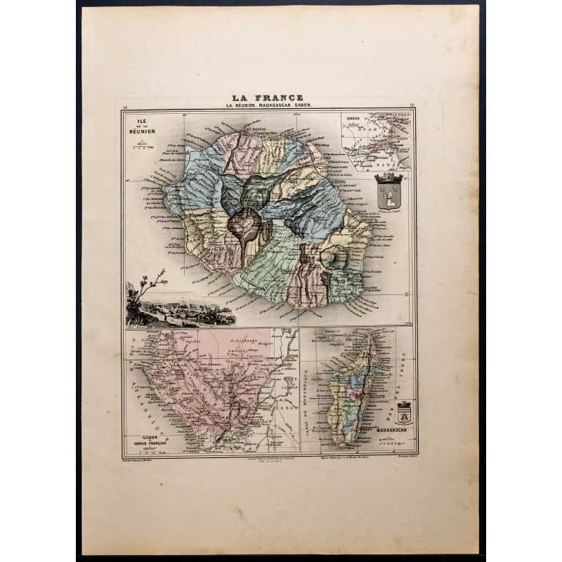 Gravure de 1889 - La Réunion, Madagascar et Gabon - 1