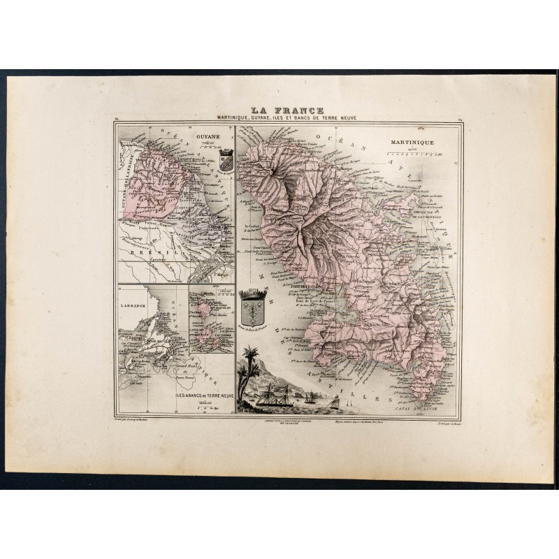 Gravure de 1889 - Martinique, Guyane et Terre Neuve - 1