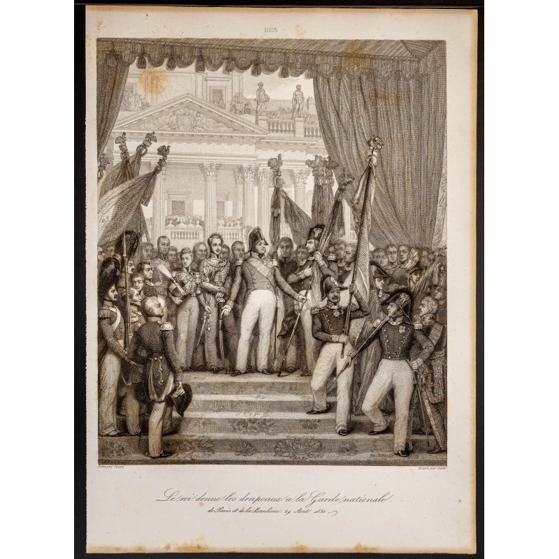 Gravure de 1841 - Le roi donne les drapeaux - 1