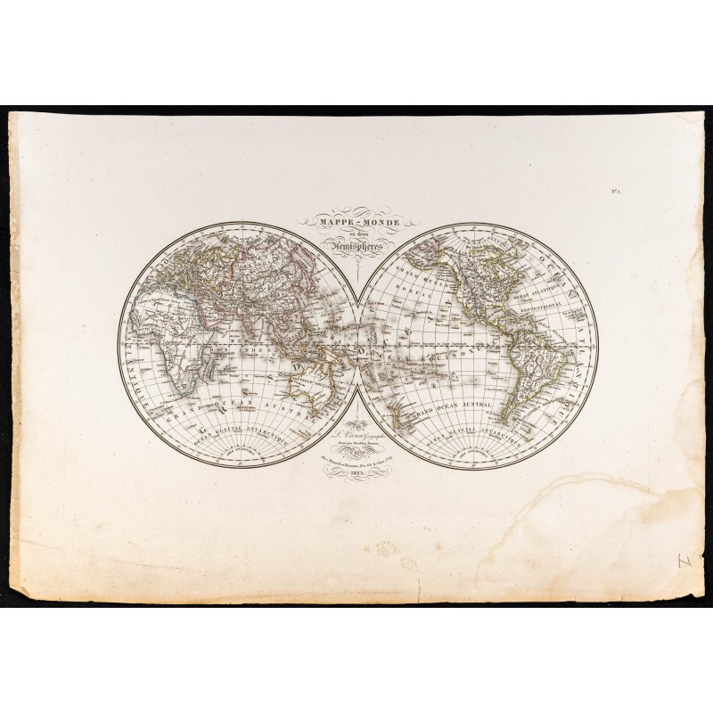 Gravure de 1827 - Mappemonde en deux hémisphères - 1