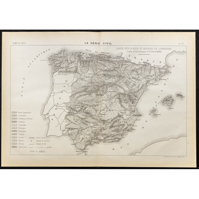 Gravure de 1884 - Carte géologique et minière de l'Espagne - 1