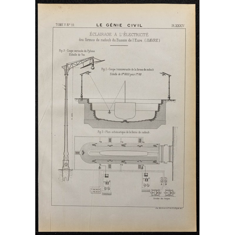 Gravure de 1884 - Éclairage à l’électricité des formes de radoub - 1