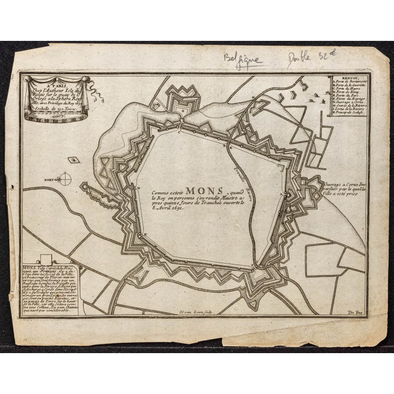 Plan Ancien D'Arras Par Vauban / Nicolas De Fer - 1694 - Gravure Originale - Carte Géographique Vintage