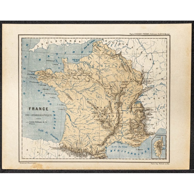 Gravure de 1896 - Carte de France Oro-Hydrographique - 1