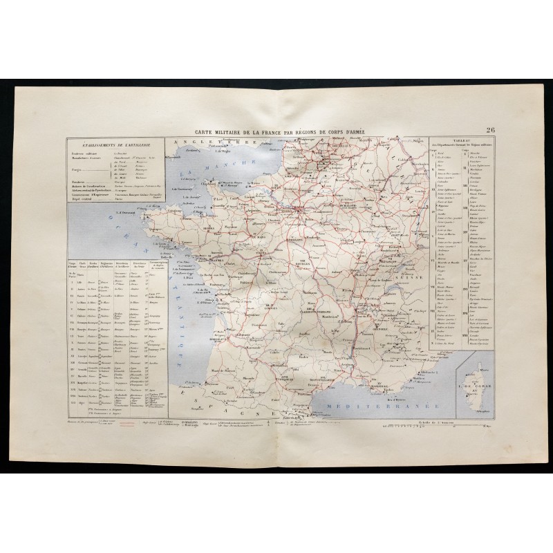Gravure de 1880 - Carte militaire de la France par région de corps d'armée - 1