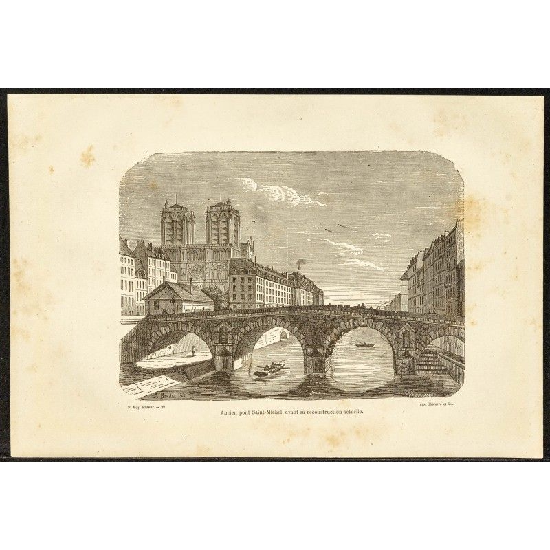 Gravure de 1882 - Ancien pont Saint-Michel à Paris - 1