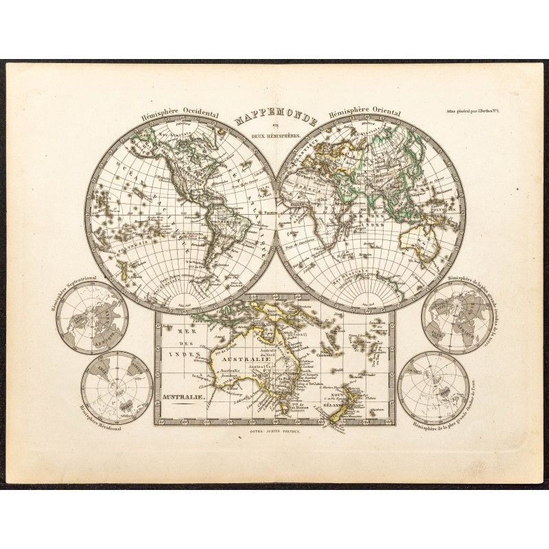 Gravure de 1873 - Mappemonde en deux hémisphères - 1