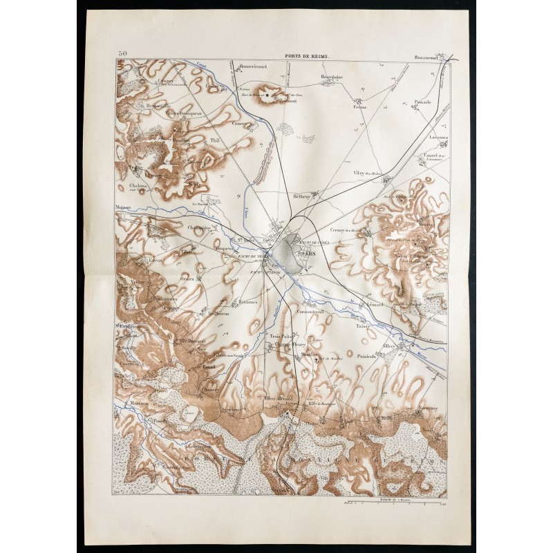 Gravure de 1880 - Carte des forts de Reims - 1