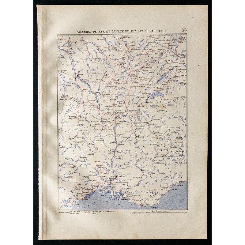 Gravure de 1880 - Carte des chemins de fer et canaux du SE - 1
