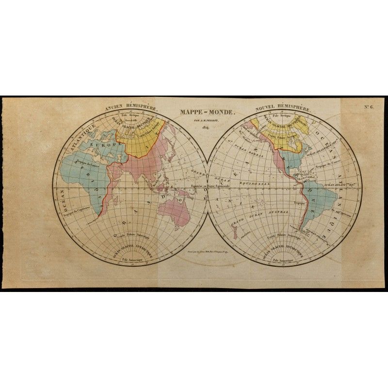 Gravure de 1826 - Mappemonde par Perrot - 1